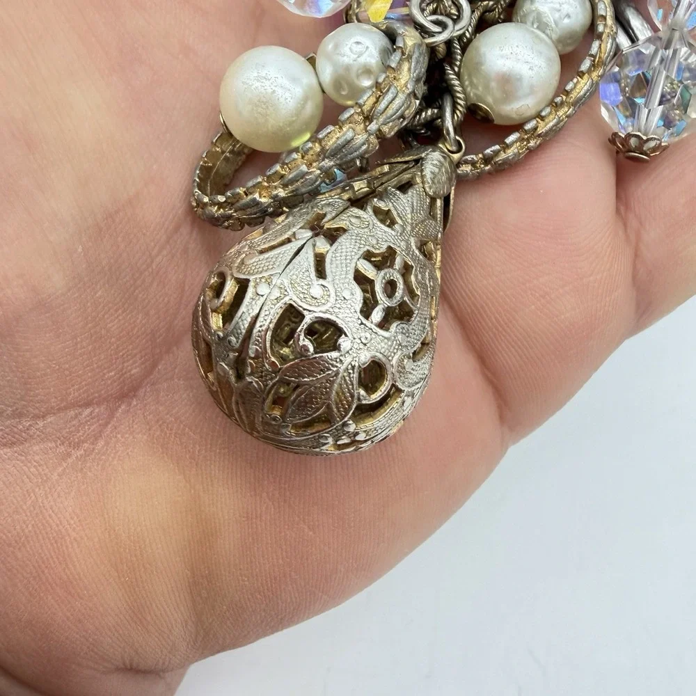 Vintage Charm Bracelet Dangling AB Crystal Faux Pearl Ball Filigree Read